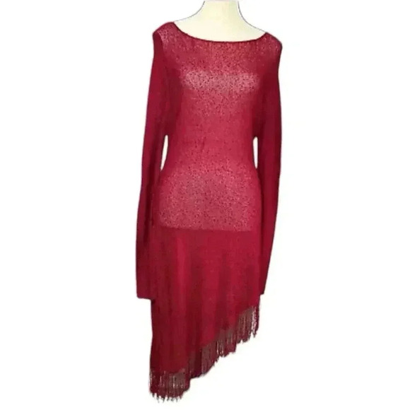 Chicos Womens Sz L Mesh Fringes Red‎ Disco Dress Asymmetrical Hem Side Slit - Picture 2 of 12